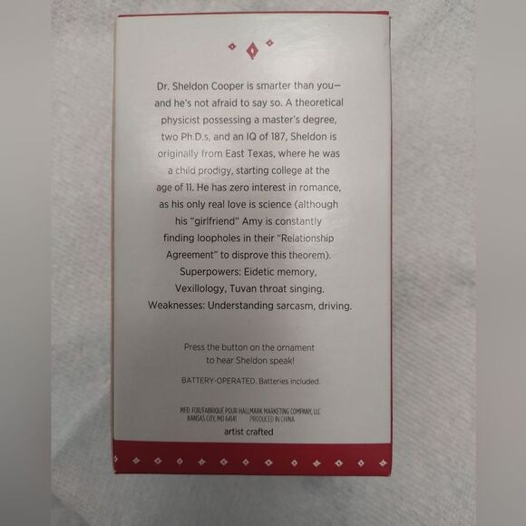 Hallmark Christmas Keepsake Ornament 2015 Big Bang Theory Sheldon Cooper New - Picture 2 of 3